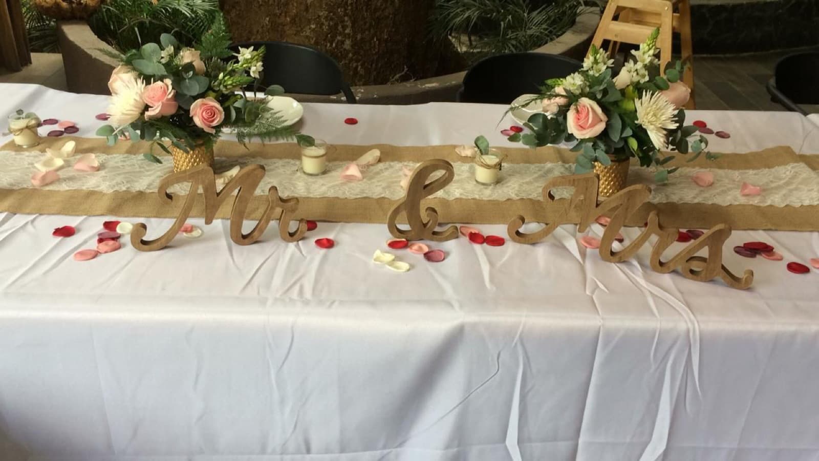 Elegant Mr & Mrs wedding head table with floral arrangements